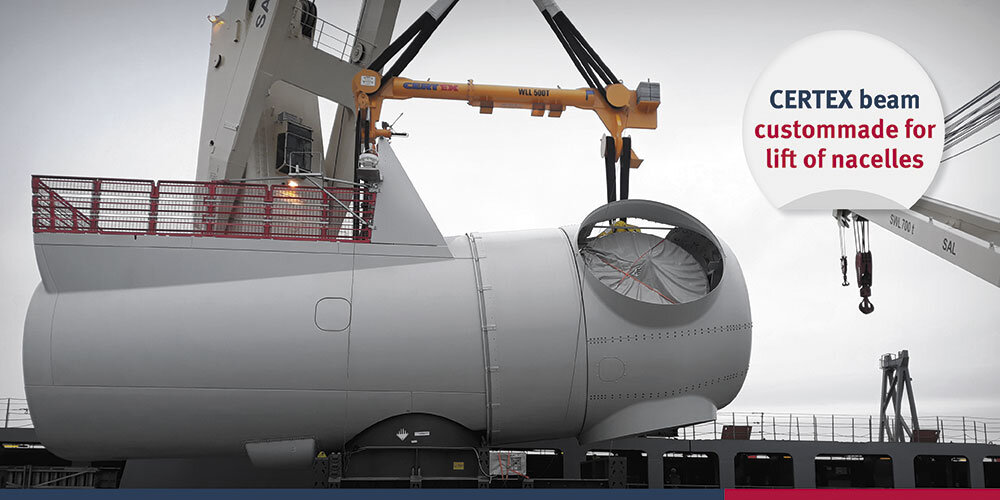 Custommade lifting beam | © CERTEX Danmark A/S Lifting beam for lift of nacelles | © CERTEX Danmark A/S